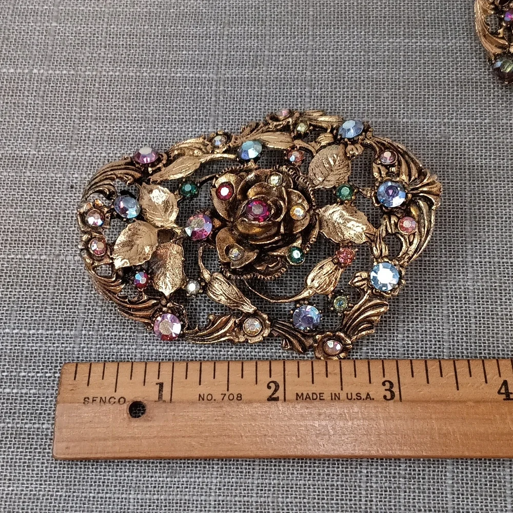 Vintage-Style Gold Floral Clip-On Earrings with Multi-Colored Rhinestones